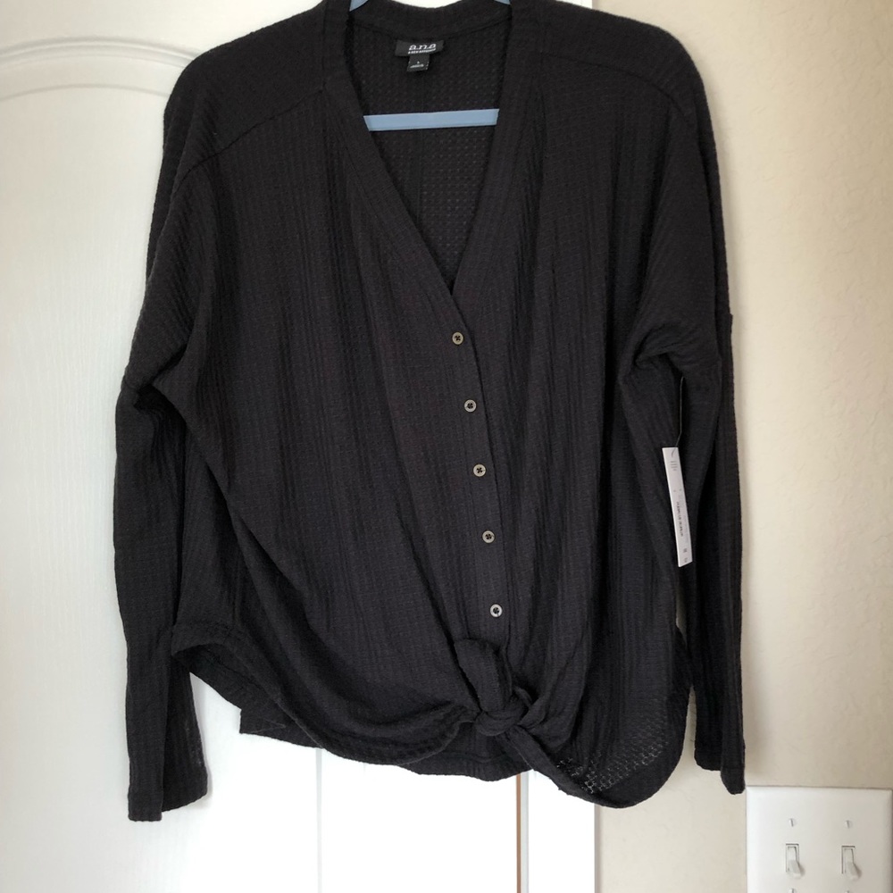 Ana Black Tie Front Waffle Knit Sz LG